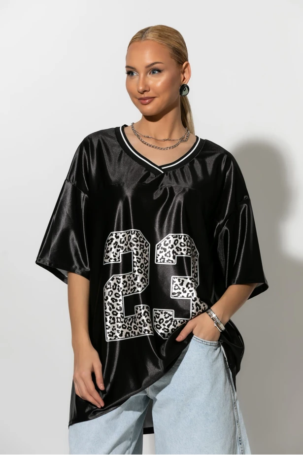 Oversized T-Shirt με στάμπα 23 leopard μαύρο Oversized T-Shirt με στάμπα 23 leopard μαύρο