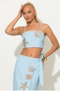 Σετ crop top και φούστα-φάκελος με φερμουάρ και κεντητά κοχύλια σιέλ