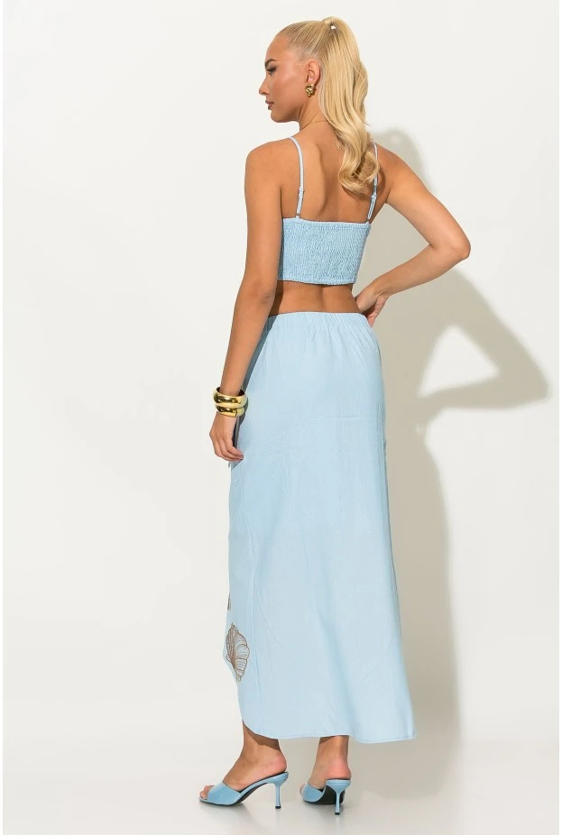 Σετ crop top και φούστα-φάκελος με φερμουάρ και κεντητά κοχύλια σιέλ