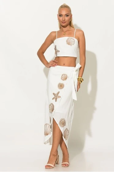 Σετ crop top και φούστα-φάκελος με φερμουάρ και κεντητά κοχύλια κίτρινο