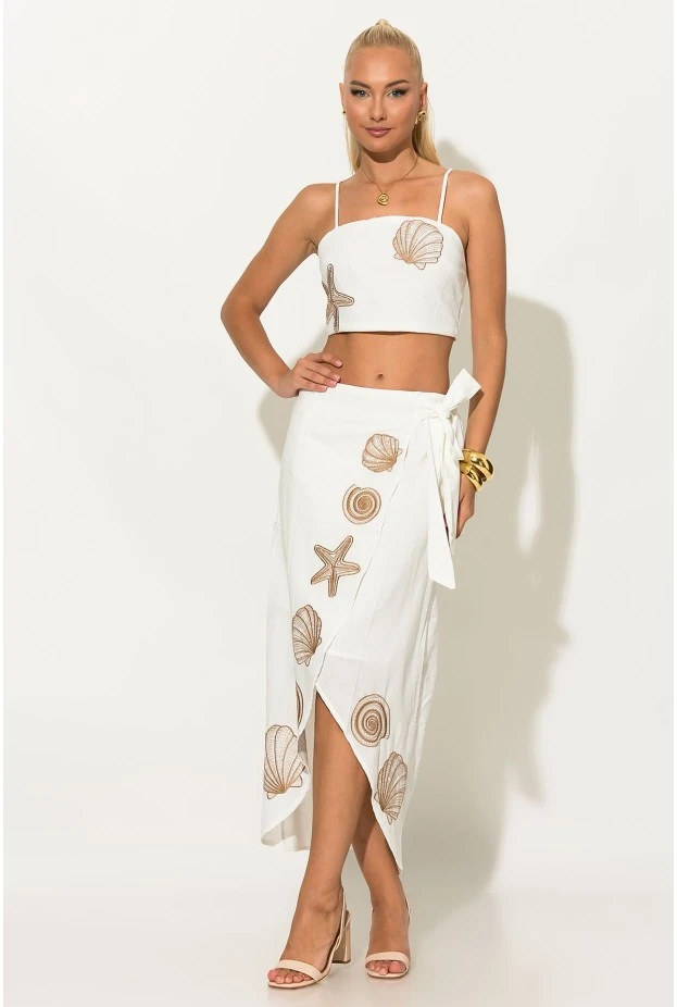 Σετ crop top και φούστα-φάκελος με φερμουάρ και κεντητά κοχύλια λευκό