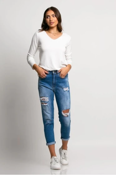 Jean loose fit με μεγάλες φθορές μπλε σκούρο