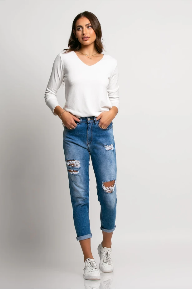 Jean loose fit με μεγάλες φθορές μπλε σκούρο Jean loose fit με μεγάλες φθορές μπλε σκούρο