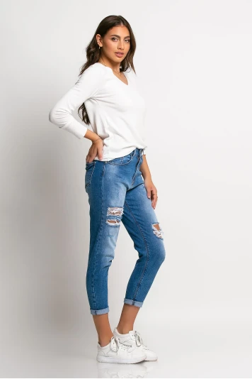 Jean loose fit με μεγάλες φθορές μπλε σκούρο