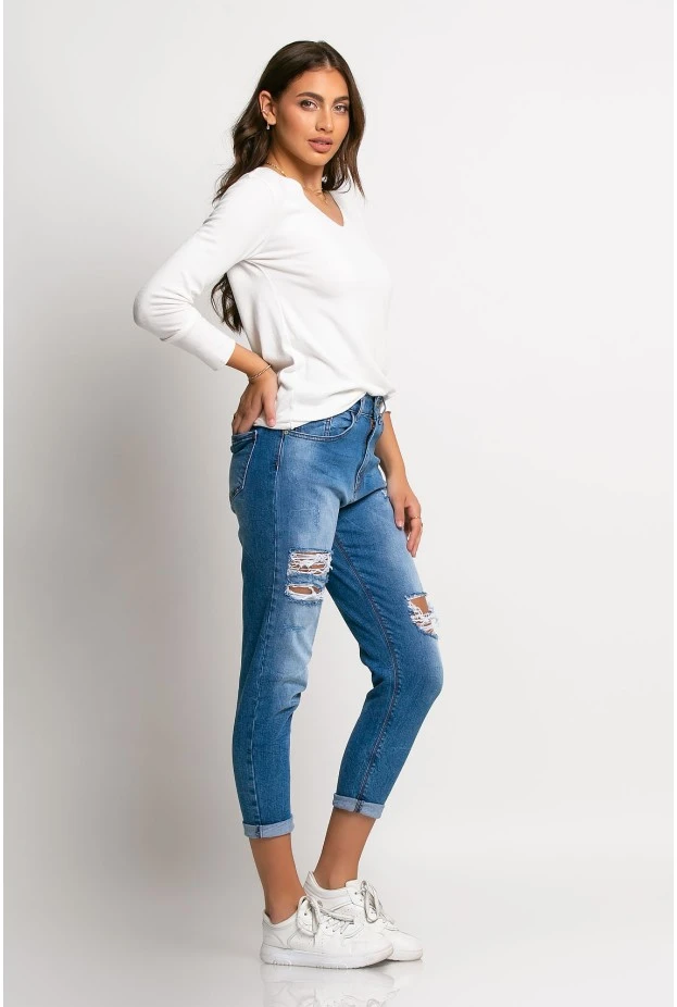 Jean loose fit με μεγάλες φθορές μπλε σκούρο