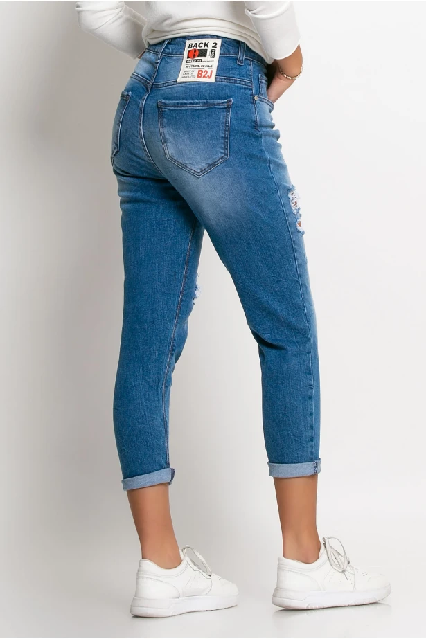 Jean loose fit με μεγάλες φθορές μπλε σκούρο Jean loose fit με μεγάλες φθορές μπλε σκούρο