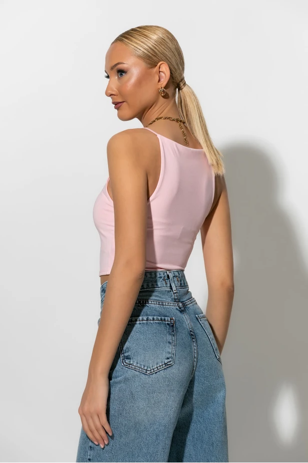 Crop top τιραντέ με τετράγωνη λαιμόκοψη ροζ Crop top τιραντέ με τετράγωνη λαιμόκοψη ροζ