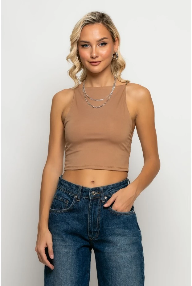 Crop top τιραντέ με τετράγωνη λαιμόκοψη μπεζ