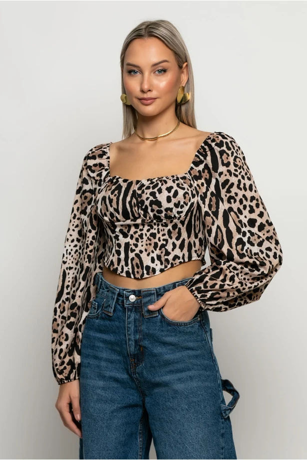 Cropped μπλούζα με μπαλούν μανίκια και cups λεοπάρ μπεζ Cropped μπλούζα με μπαλούν μανίκια και cups λεοπάρ μπεζ