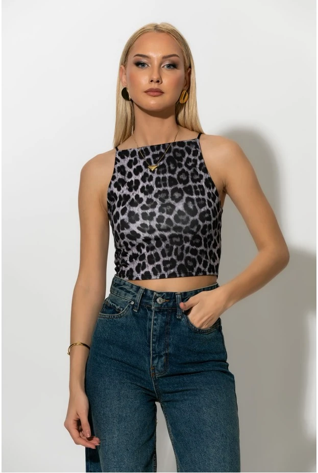 Crop top τιραντέ με τετράγωνη λαιμόκοψη leopard print γκρι
