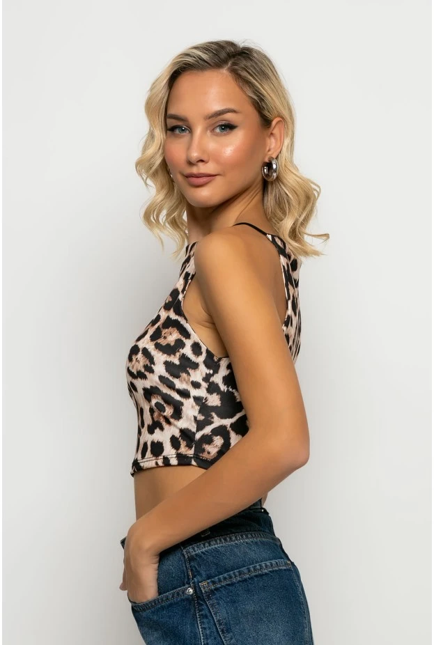 Crop top τιραντέ με τετράγωνη λαιμόκοψη leopard print μπεζ ανοιχτό