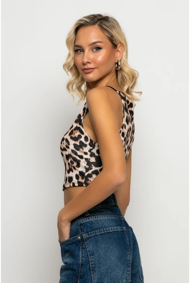 Crop top τιραντέ με τετράγωνη λαιμόκοψη leopard print μπεζ ανοιχτό