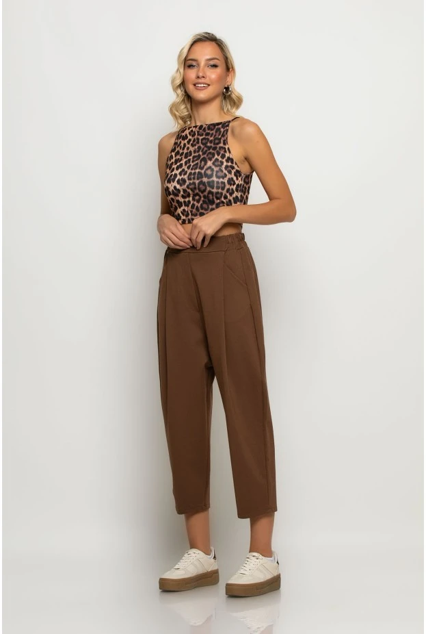 Crop top τιραντέ με τετράγωνη λαιμόκοψη leopard print καφέ