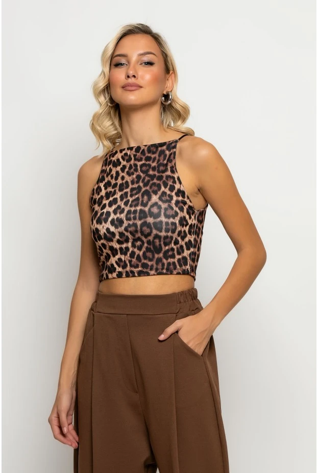 Crop top τιραντέ με τετράγωνη λαιμόκοψη leopard print καφέ