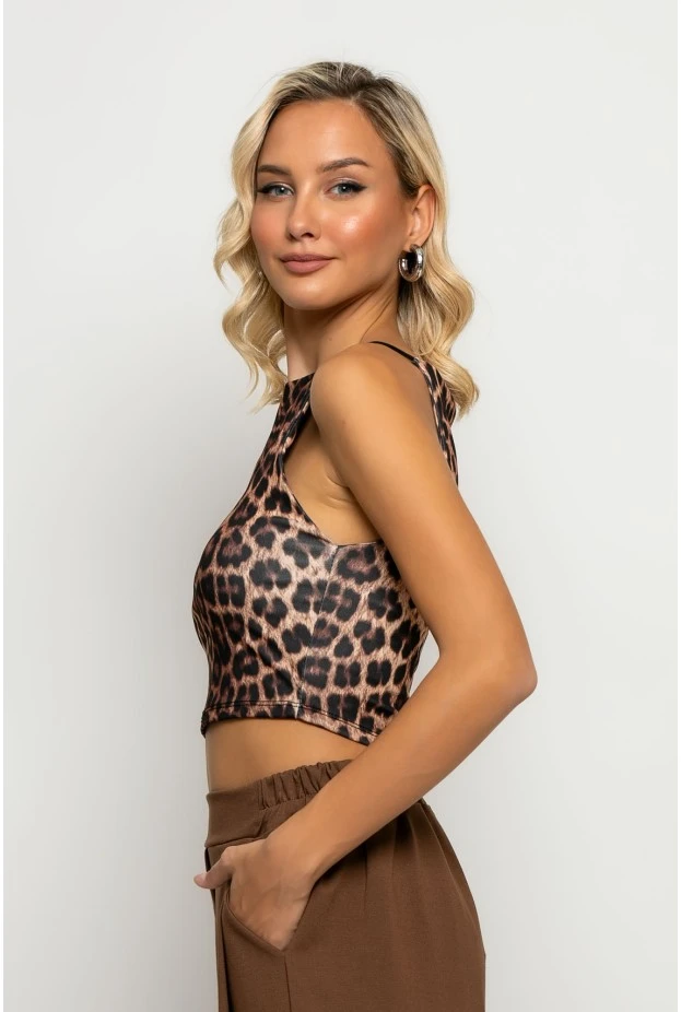 Crop top τιραντέ με τετράγωνη λαιμόκοψη leopard print καφέ