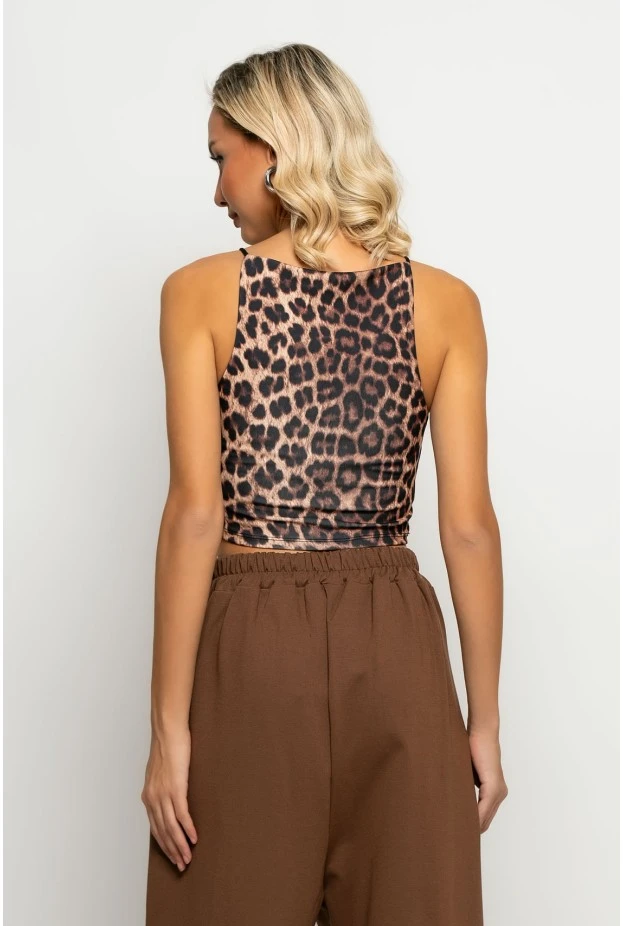 Crop top τιραντέ με τετράγωνη λαιμόκοψη leopard print καφέ