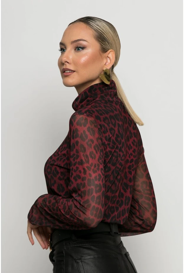Μπλούζα τούλινη leopard print με ψηλό λαιμό και επένδυση μπορντό