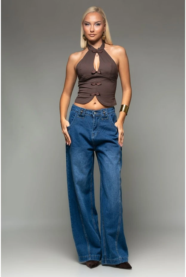 Crop top halter με άνοιγμα στο στήθος καφέ