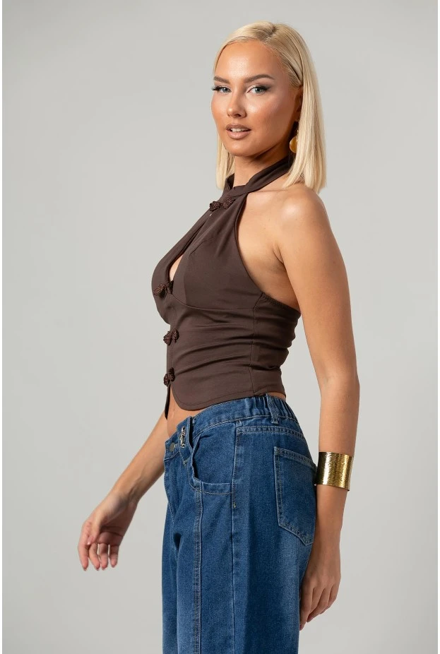 Crop top halter με άνοιγμα στο στήθος καφέ