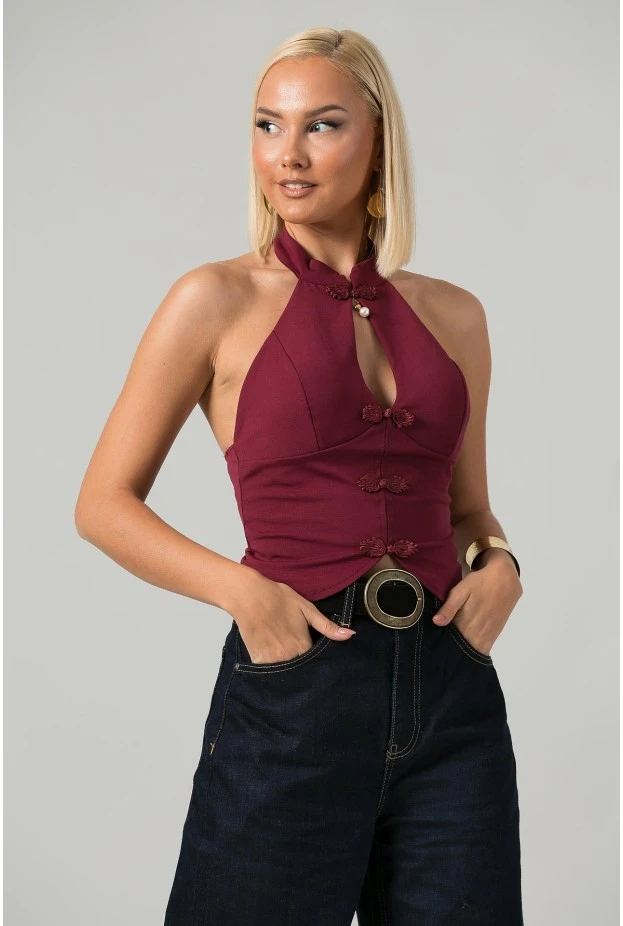 Crop top halter με άνοιγμα στο στήθος μπορντό