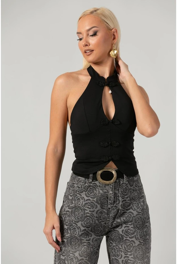 Crop top halter με άνοιγμα στο στήθος μαύρο