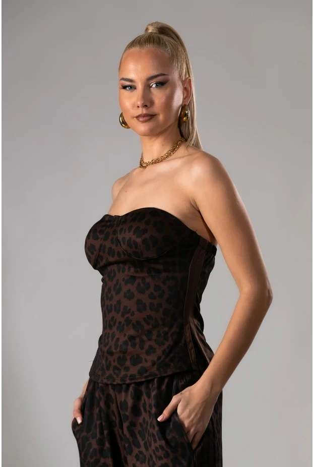 Μπλούζα strapless λεοπάρ με ρίγα στο πλαι και cups καφέ