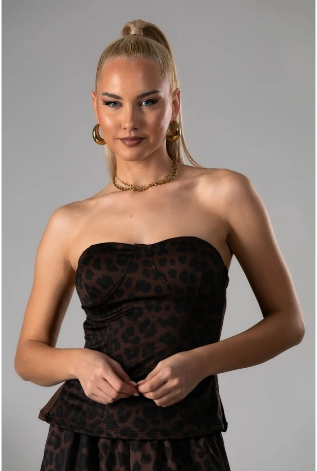Μπλούζα strapless λεοπάρ με ρίγα στο πλαι και cups καφέ