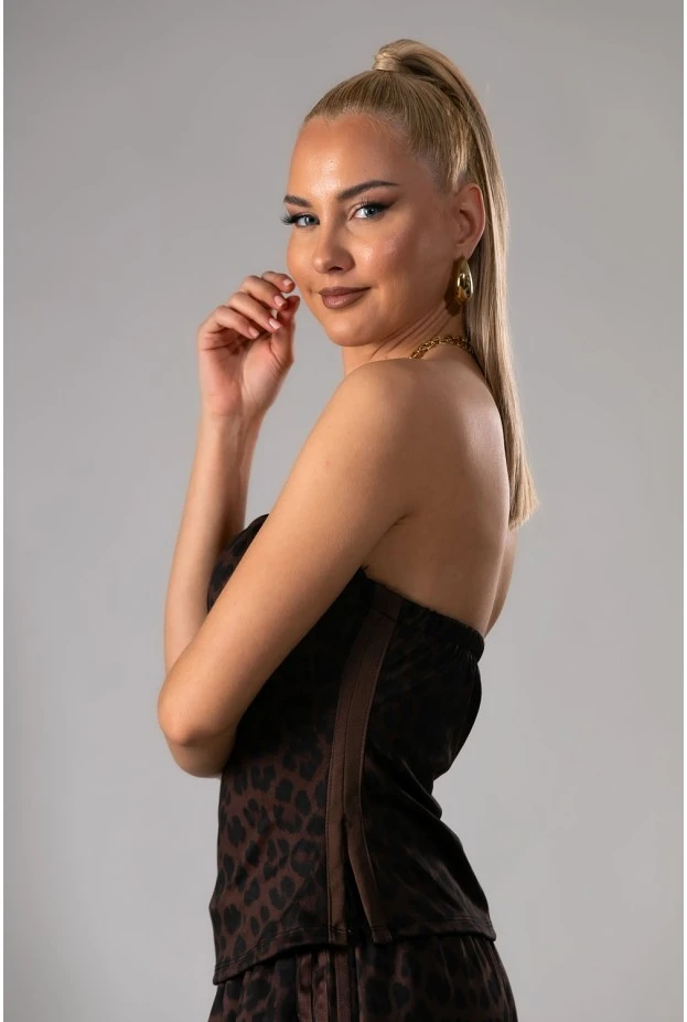 Μπλούζα strapless λεοπάρ με ρίγα στο πλαι και cups καφέ