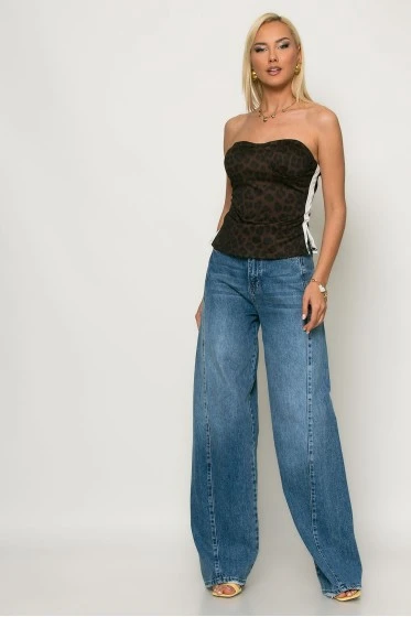 Μπλούζα strapless λεοπάρ με ρίγα στο πλαι και cups μαύρο