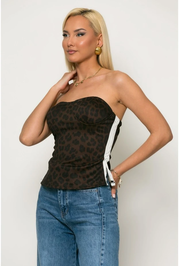 Μπλούζα strapless λεοπάρ με ρίγα στο πλαι και cups λευκό