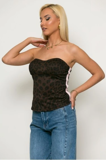 Μπλούζα strapless λεοπάρ με ρίγα στο πλαι και cups μαύρο