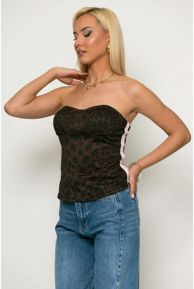Μπλούζα strapless λεοπάρ με ρίγα στο πλαι και cups ροζ