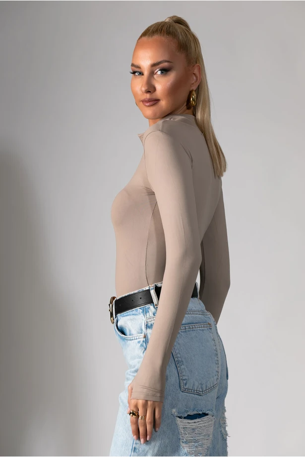 Kορμάκι με φερμουάρ στο ντεκολτέ μπεζ