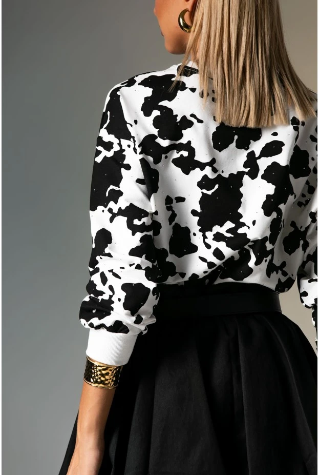 Μπλούζα cow print με στρας λευκό-μαύρο