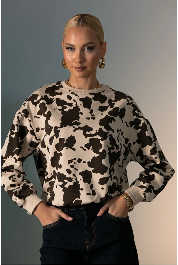 Μπλούζα cow print με στρας μπεζ-καφέ