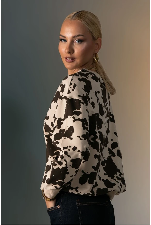 Μπλούζα cow print με στρας μπεζ-καφέ