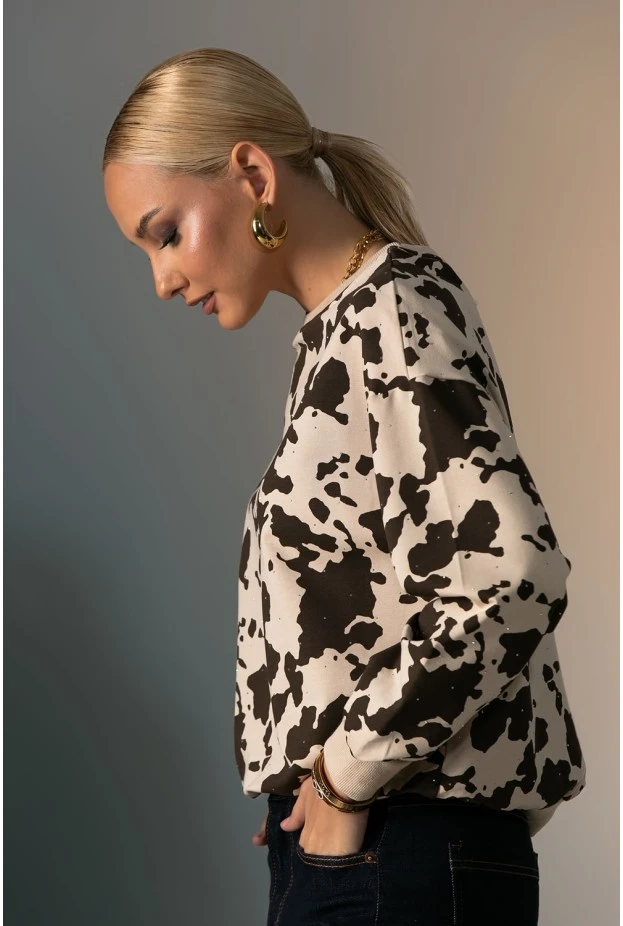 Μπλούζα cow print με στρας μπεζ-καφέ