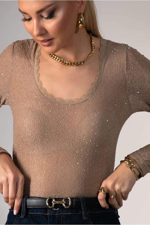 Kορμάκι δαντέλα με στρας και χαμόγελο λαιμόκοψη καφέ