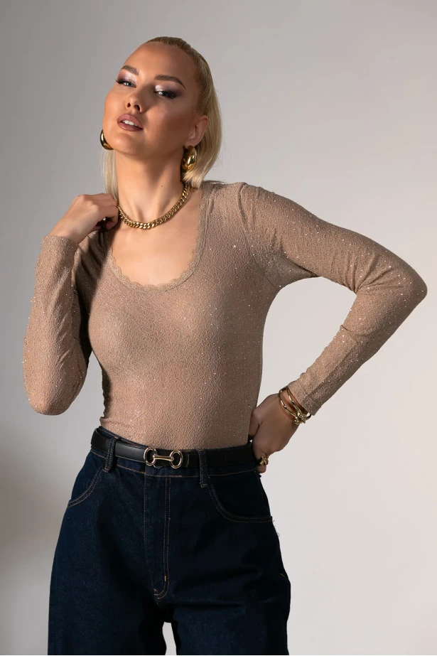 Kορμάκι δαντέλα με στρας και χαμόγελο λαιμόκοψη καφέ