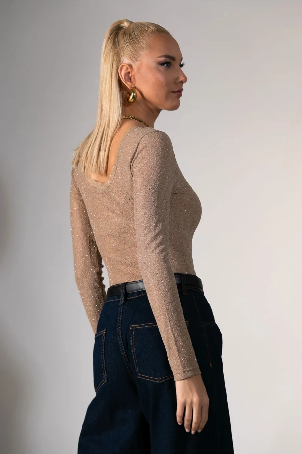 Kορμάκι δαντέλα με στρας και χαμόγελο λαιμόκοψη καφέ