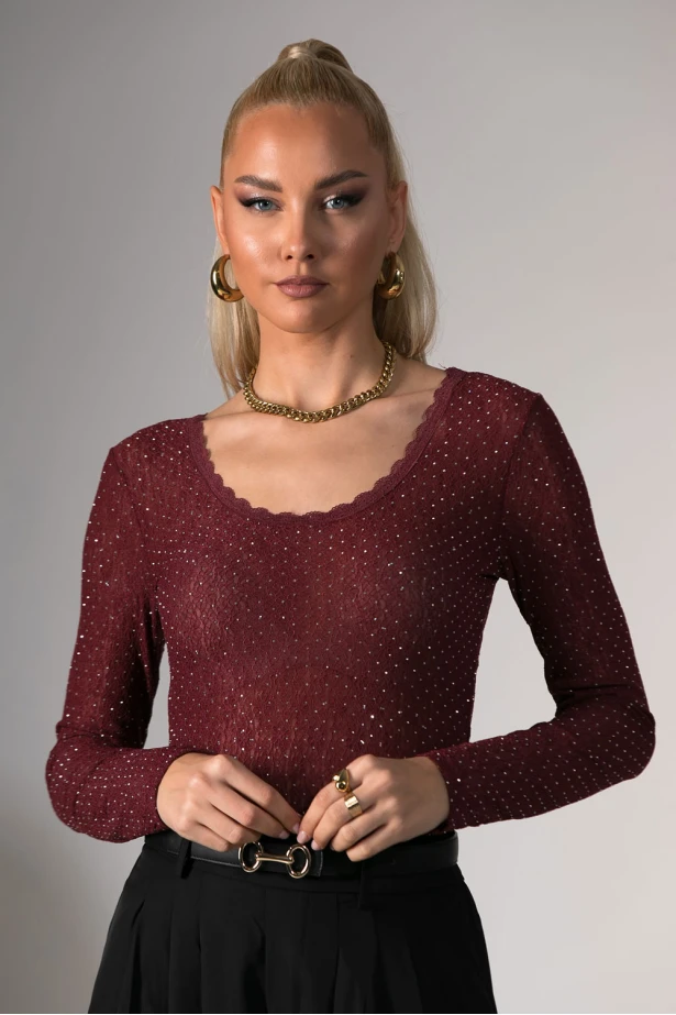 Kορμάκι δαντέλα με στρας και χαμόγελο λαιμόκοψη μπορντό