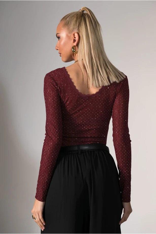 Kορμάκι δαντέλα με στρας και χαμόγελο λαιμόκοψη μπορντό