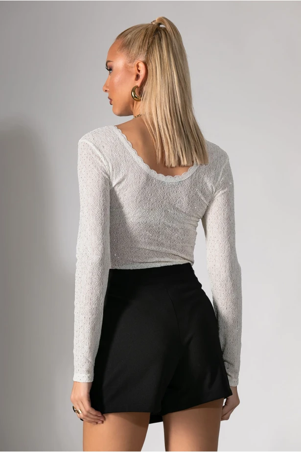 Kορμάκι δαντέλα με στρας και χαμόγελο λαιμόκοψη εκρού