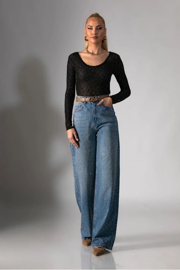 Kορμάκι δαντέλα με στρας και χαμόγελο λαιμόκοψη μαύρο