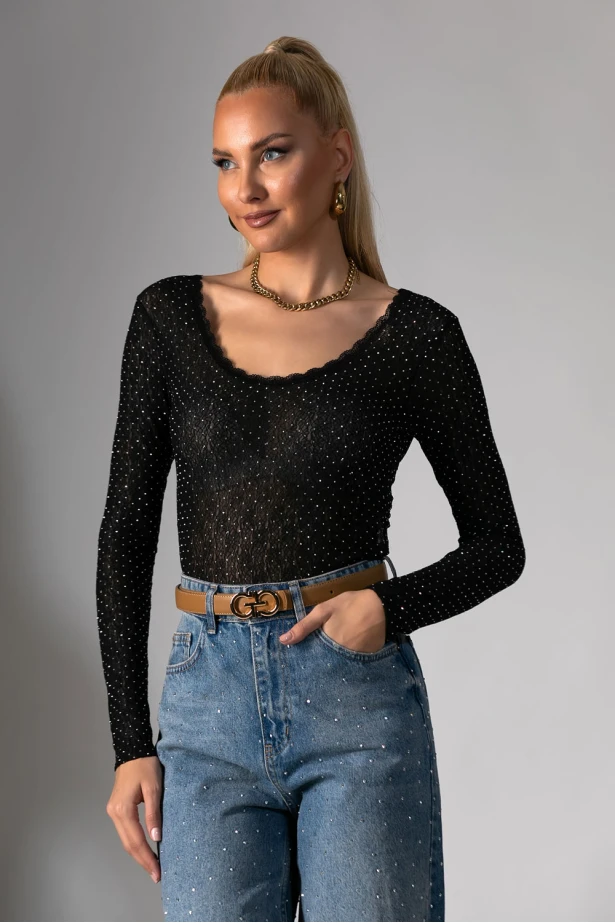 Kορμάκι δαντέλα με στρας και χαμόγελο λαιμόκοψη μαύρο