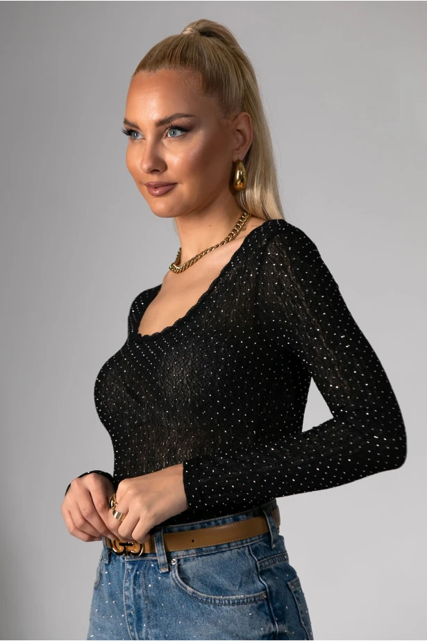 Kορμάκι δαντέλα με στρας και χαμόγελο λαιμόκοψη μαύρο