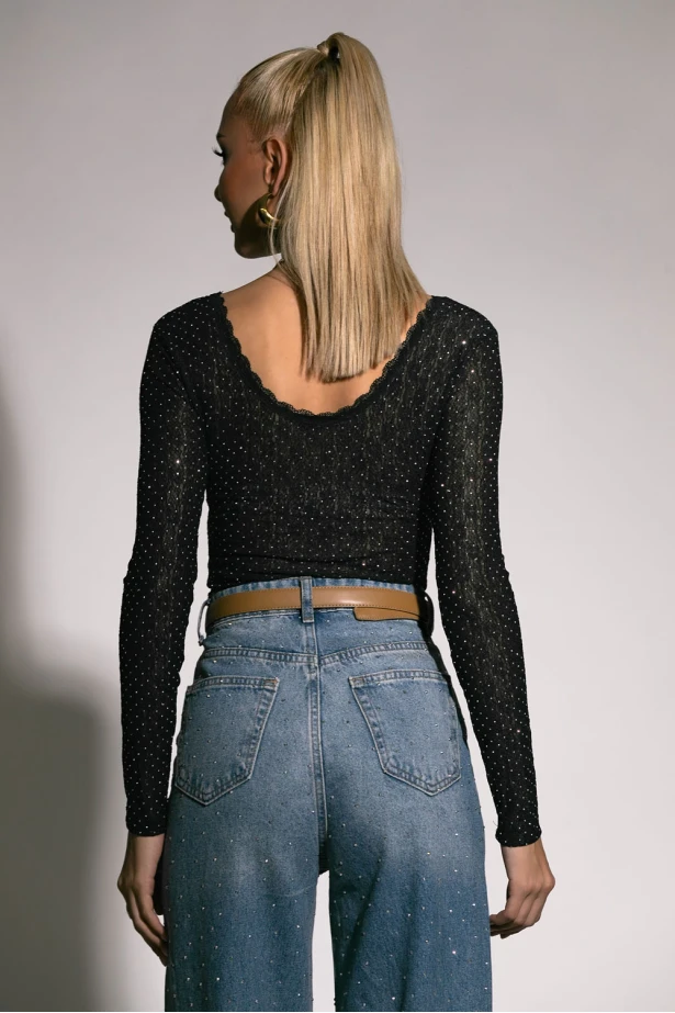 Kορμάκι δαντέλα με στρας και χαμόγελο λαιμόκοψη μαύρο