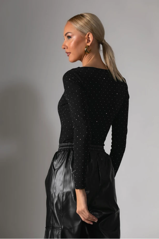 Kορμάκι με στρας και τετράγωνη λαιμόκοψη μαύρο