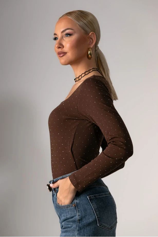 Kορμάκι με στρας και τετράγωνη λαιμόκοψη καφέ