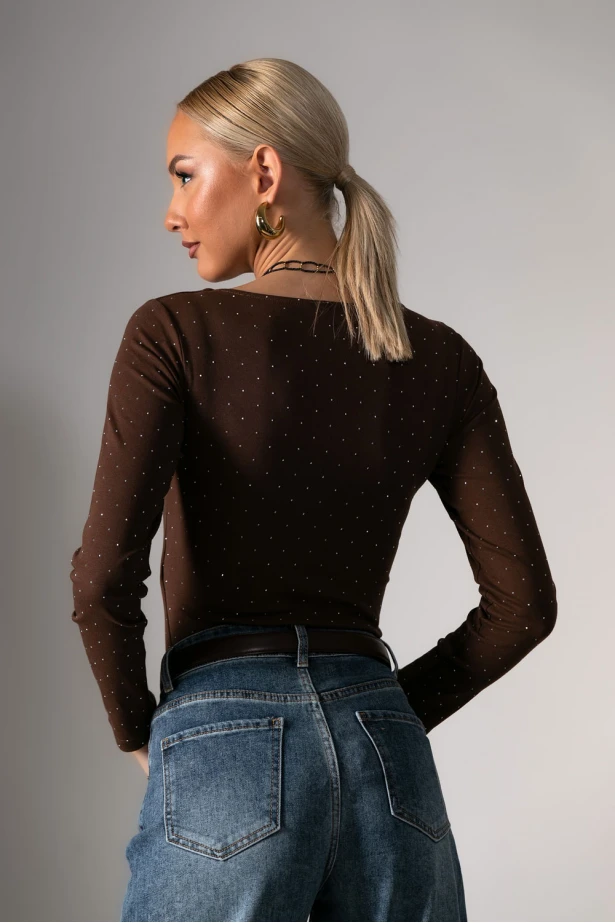 Kορμάκι με στρας και τετράγωνη λαιμόκοψη καφέ